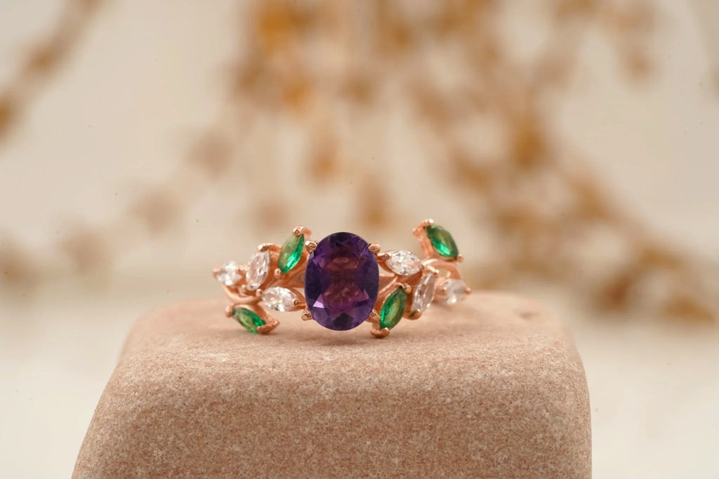 Oval Amethyst & Emerald CZ Cluster Engagement Ring - Gigiscc