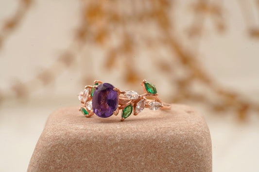 Oval Amethyst & Emerald CZ Cluster Engagement Ring Left Angle