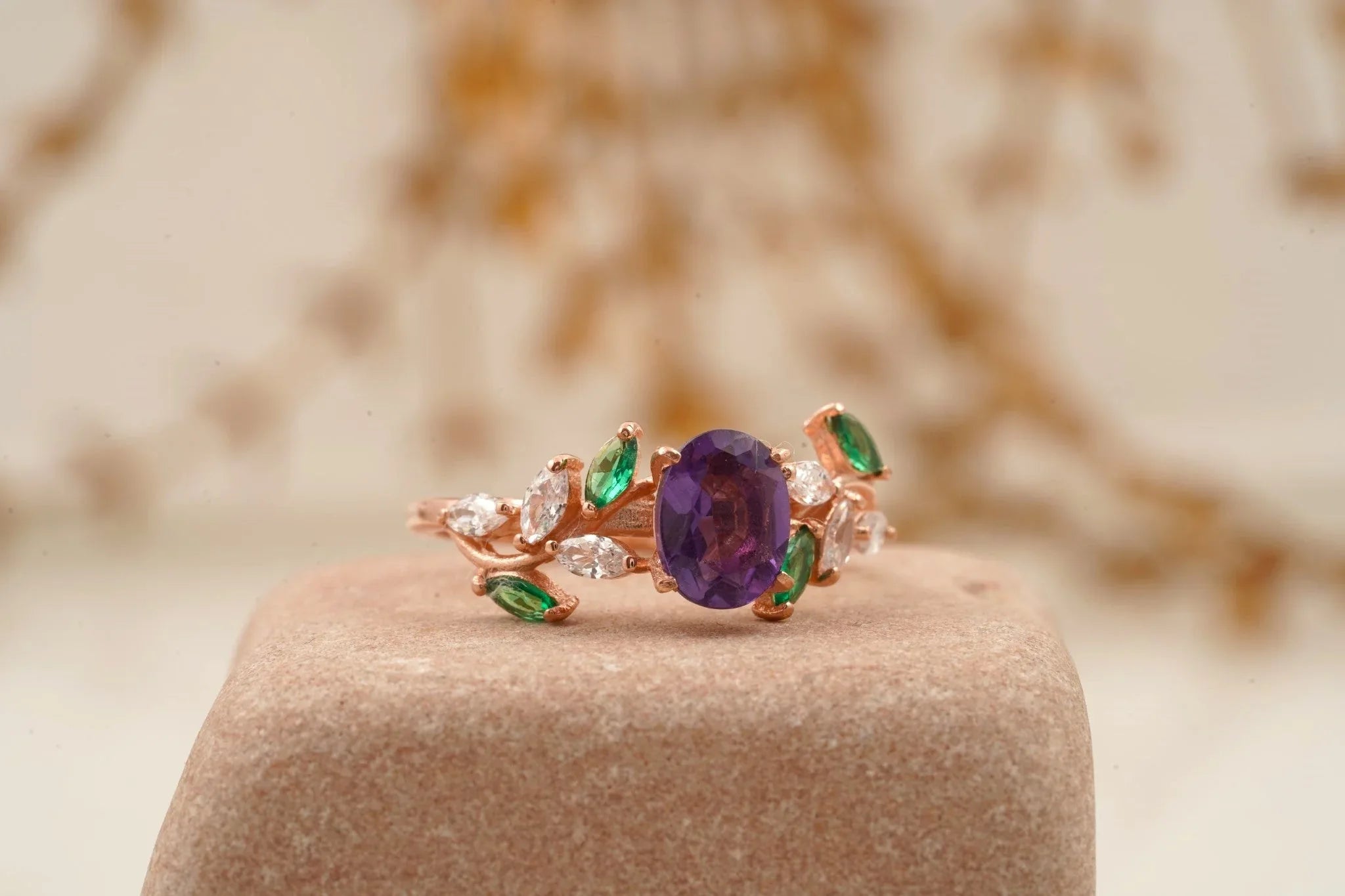 Oval Amethyst & Emerald CZ Cluster Engagement Ring - Gigiscc