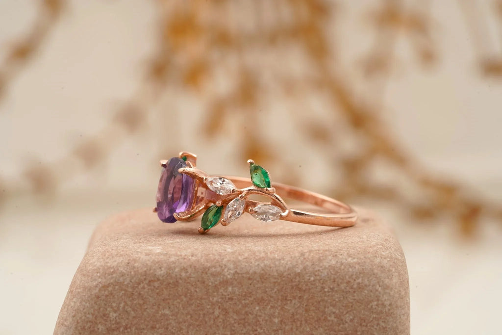 Oval Amethyst & Emerald CZ Cluster Engagement Ring - Gigiscc