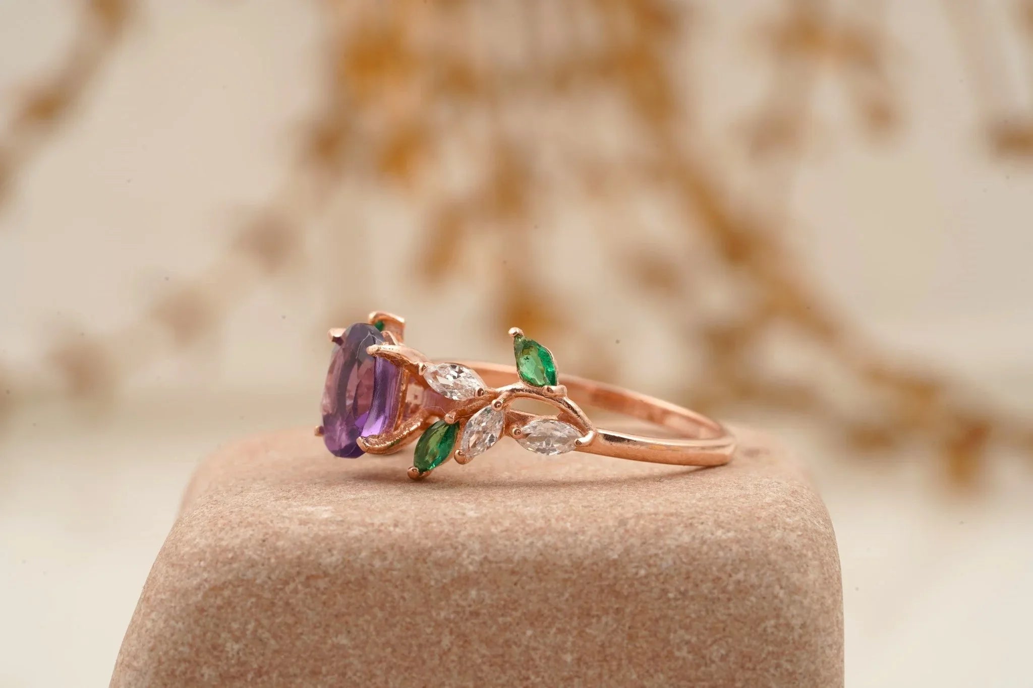 Oval Amethyst & Emerald CZ Cluster Engagement Ring - Gigiscc