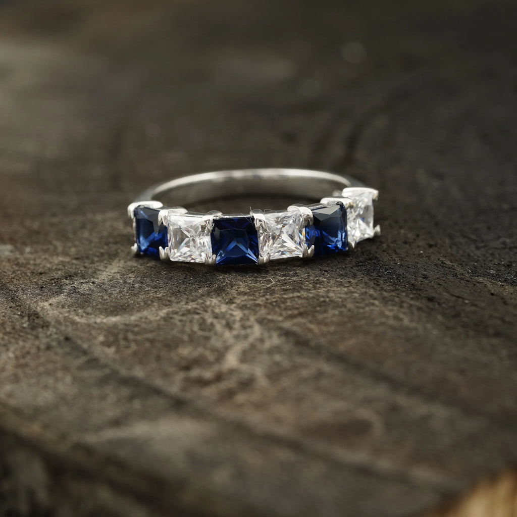 Princess Cut Sapphire And Diamond 925 Silver Wedding Band - Gigiscc