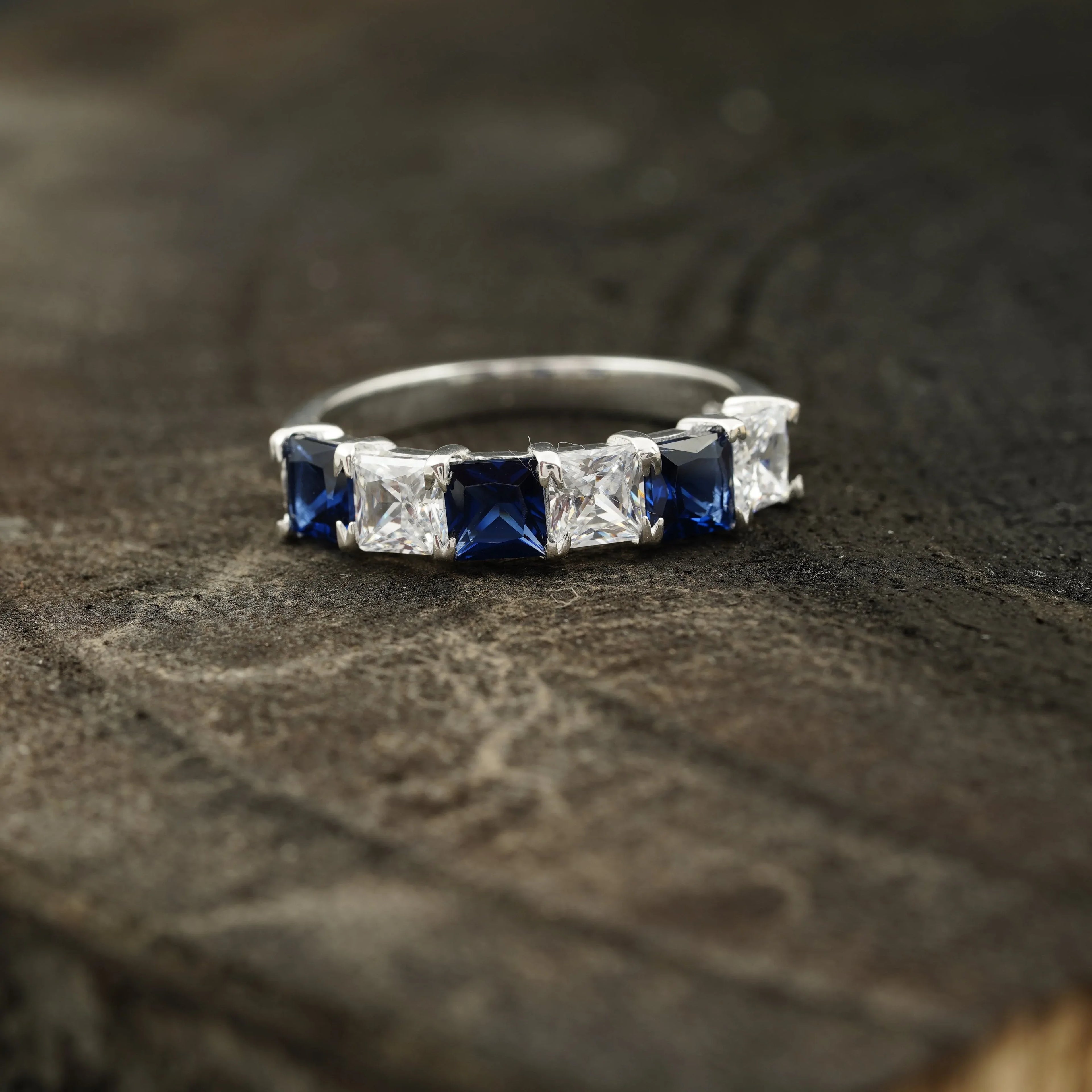 Princess Cut Sapphire And Diamond 925 Silver Wedding Band - Gigiscc