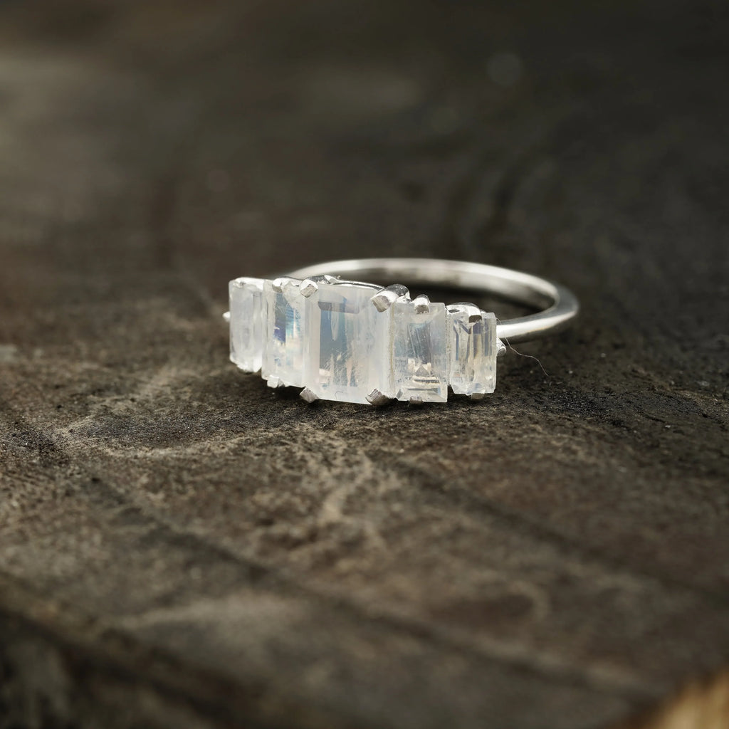 Emerald Cut Moonstone Engagement Ring 925 Sterling Silver - Gigiscc
