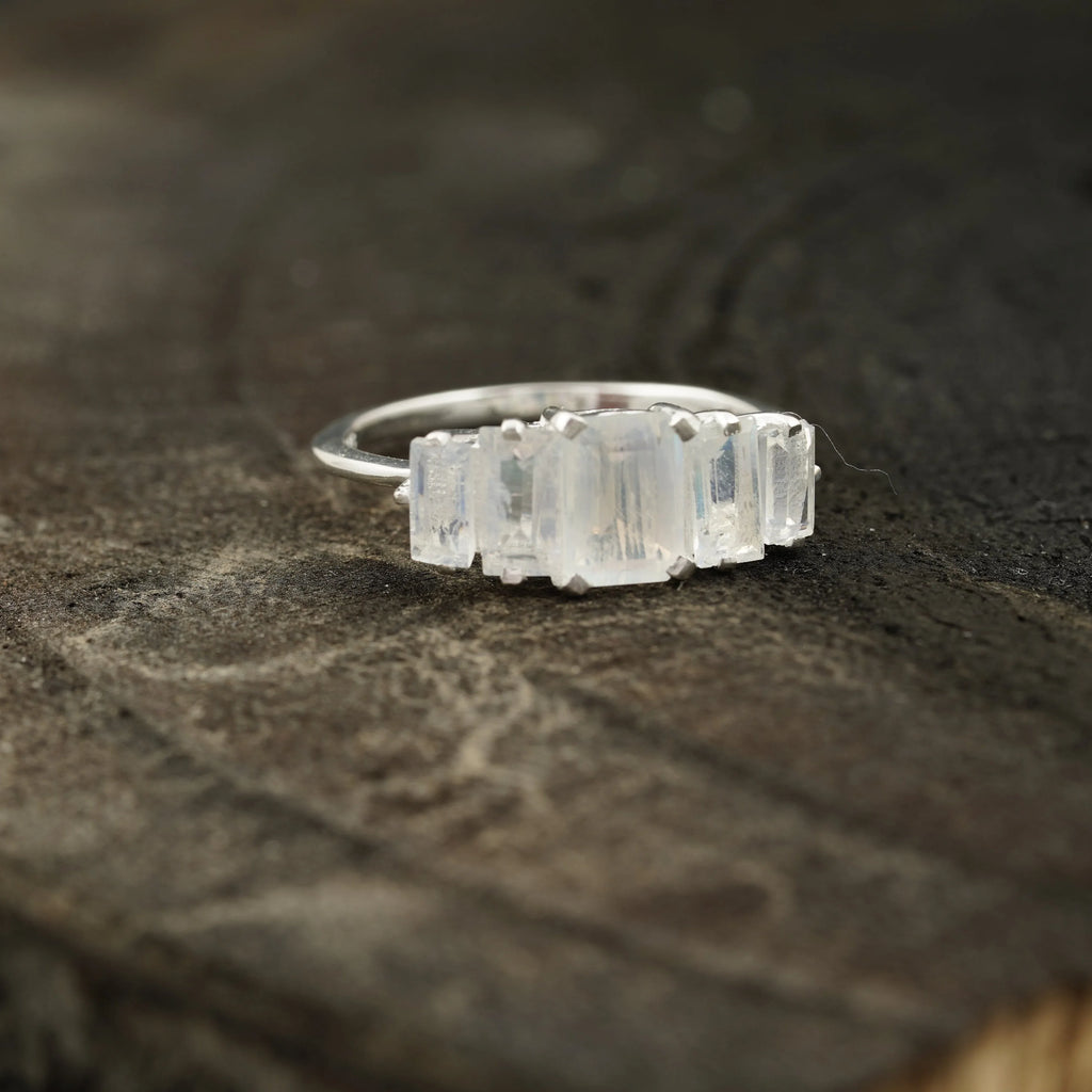 Emerald Cut Moonstone Engagement Ring 925 Sterling Silver - Gigiscc