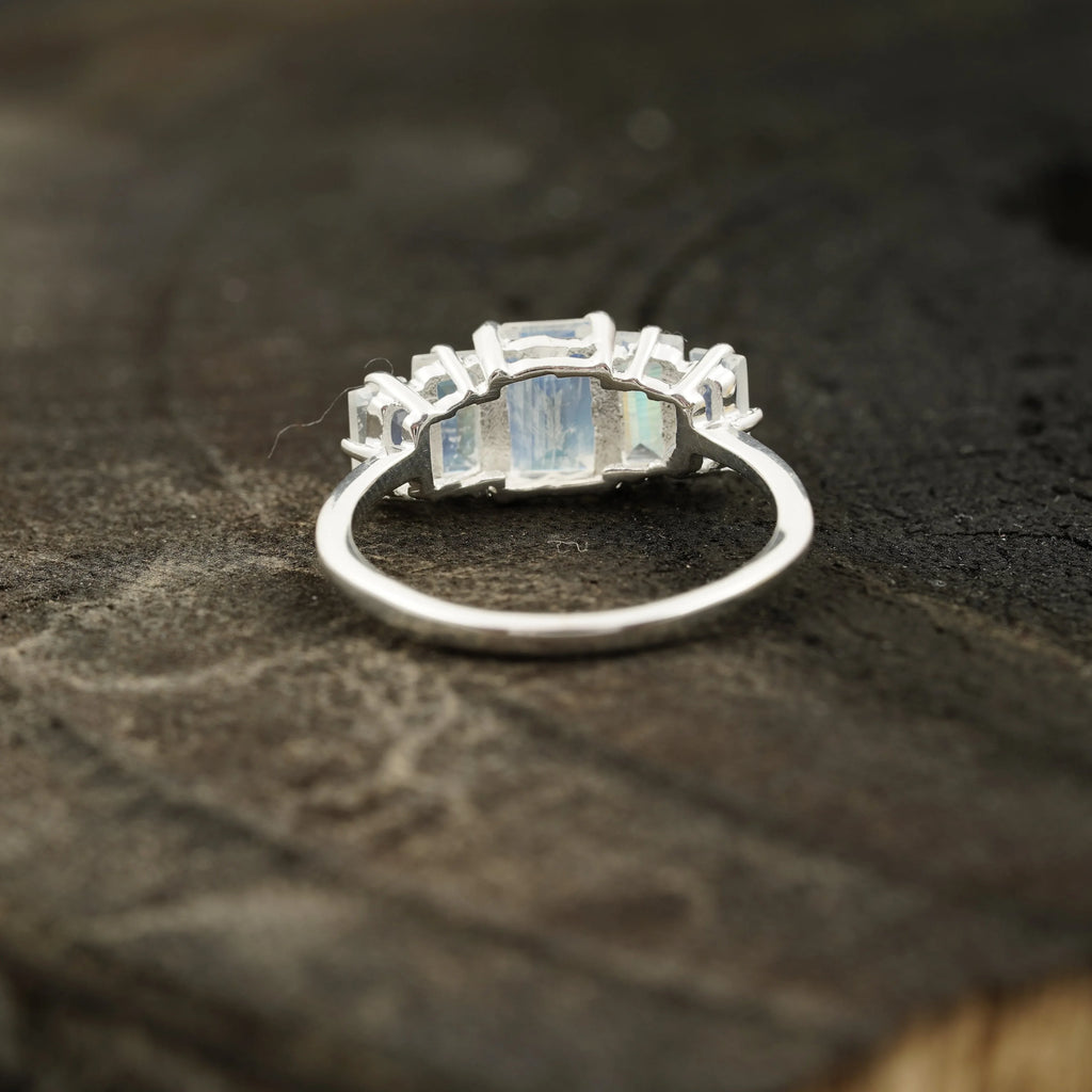 Emerald Cut Moonstone Engagement Ring 925 Sterling Silver - Gigiscc