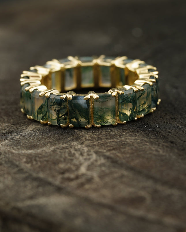 Baguette Cut Moss Agate Wedding Band 10K Sold Gold