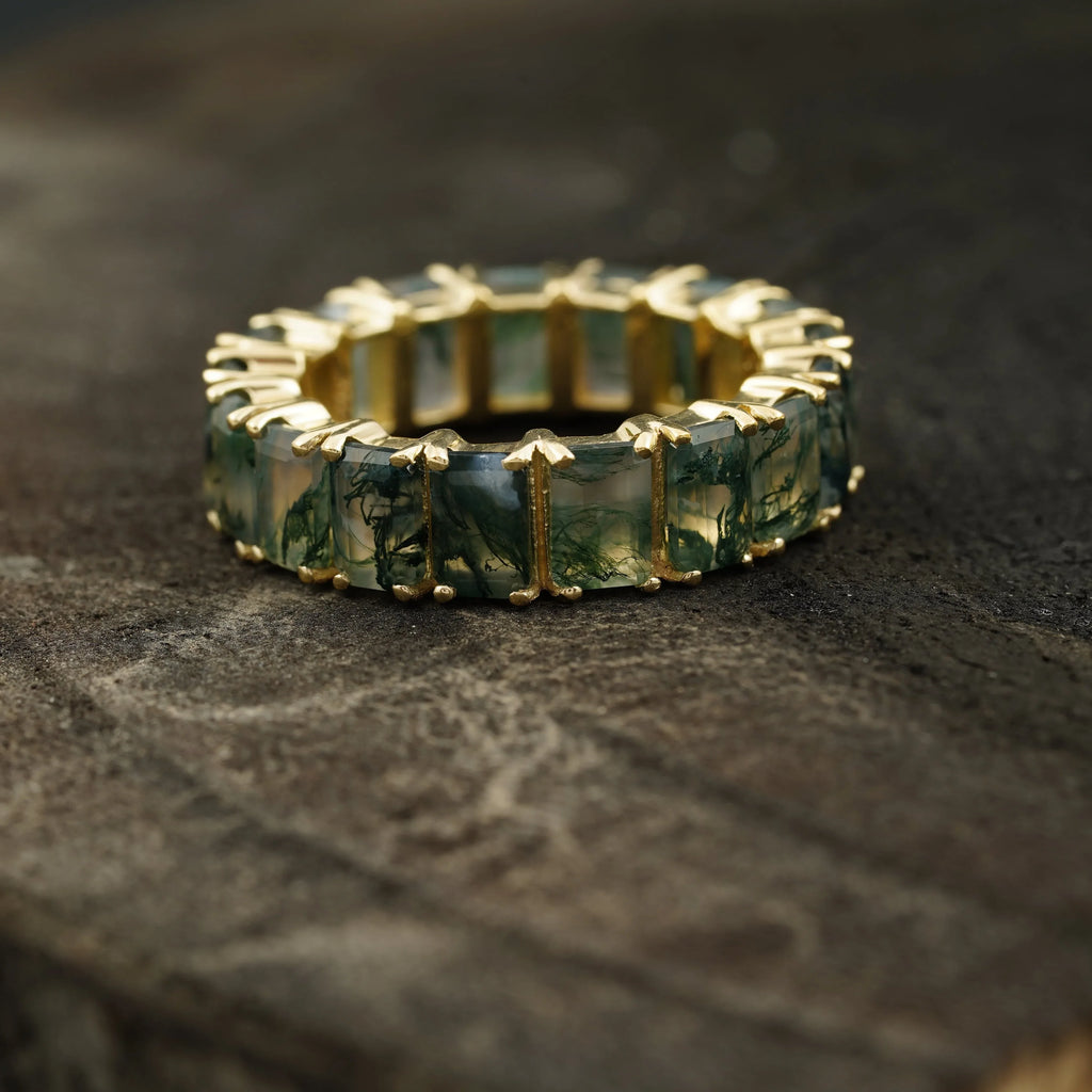 Baguette Cut Moss Agate Wedding Band 10K Sold Gold - Gigiscc