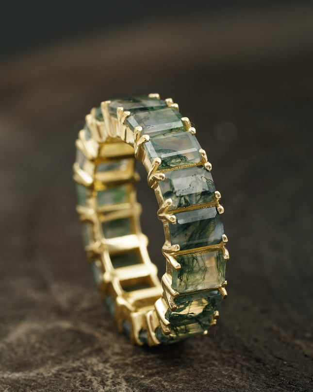Baguette Cut Moss Agate Wedding Band 10K Sold Gold