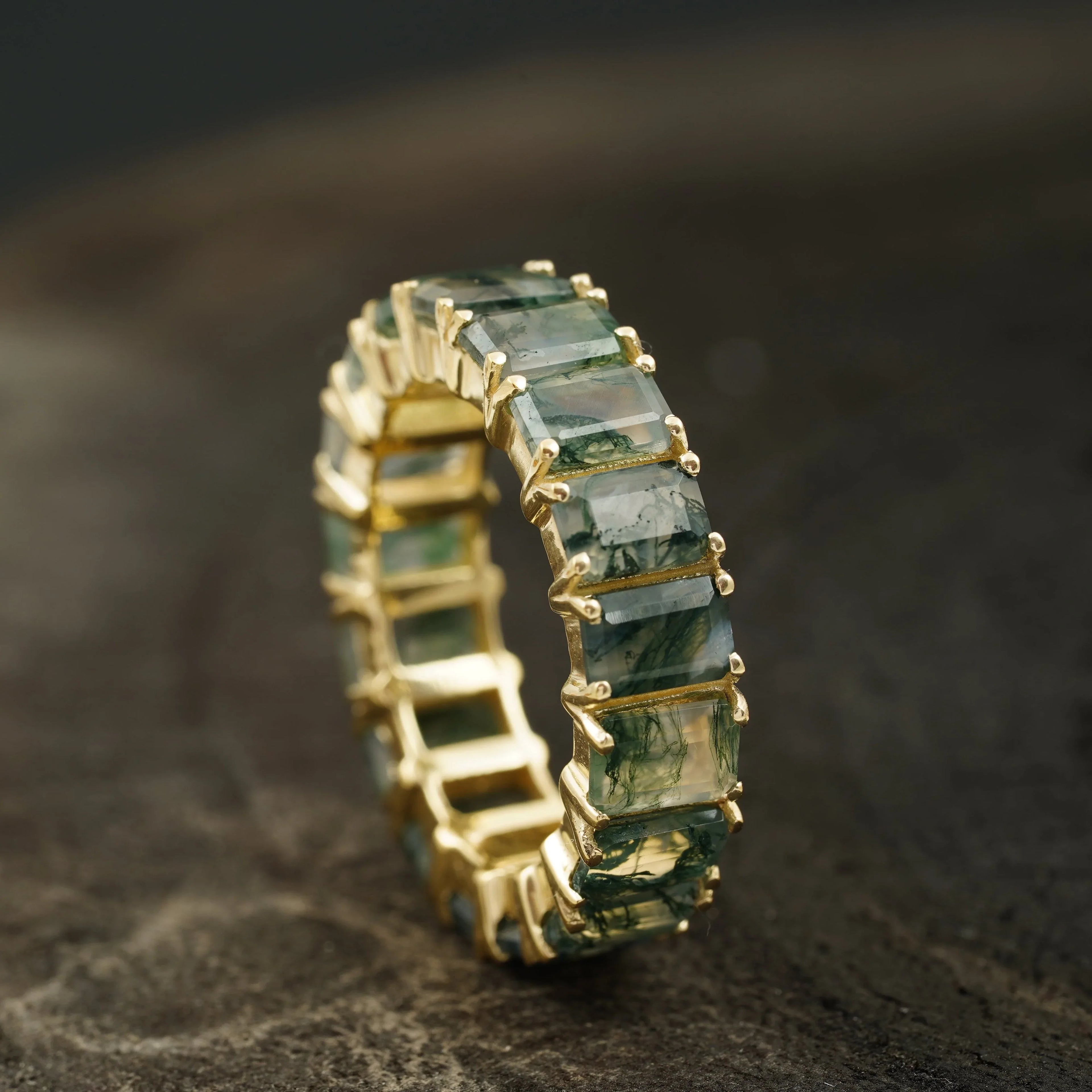 Baguette Cut Moss Agate Wedding Band 10K Sold Gold - Gigiscc