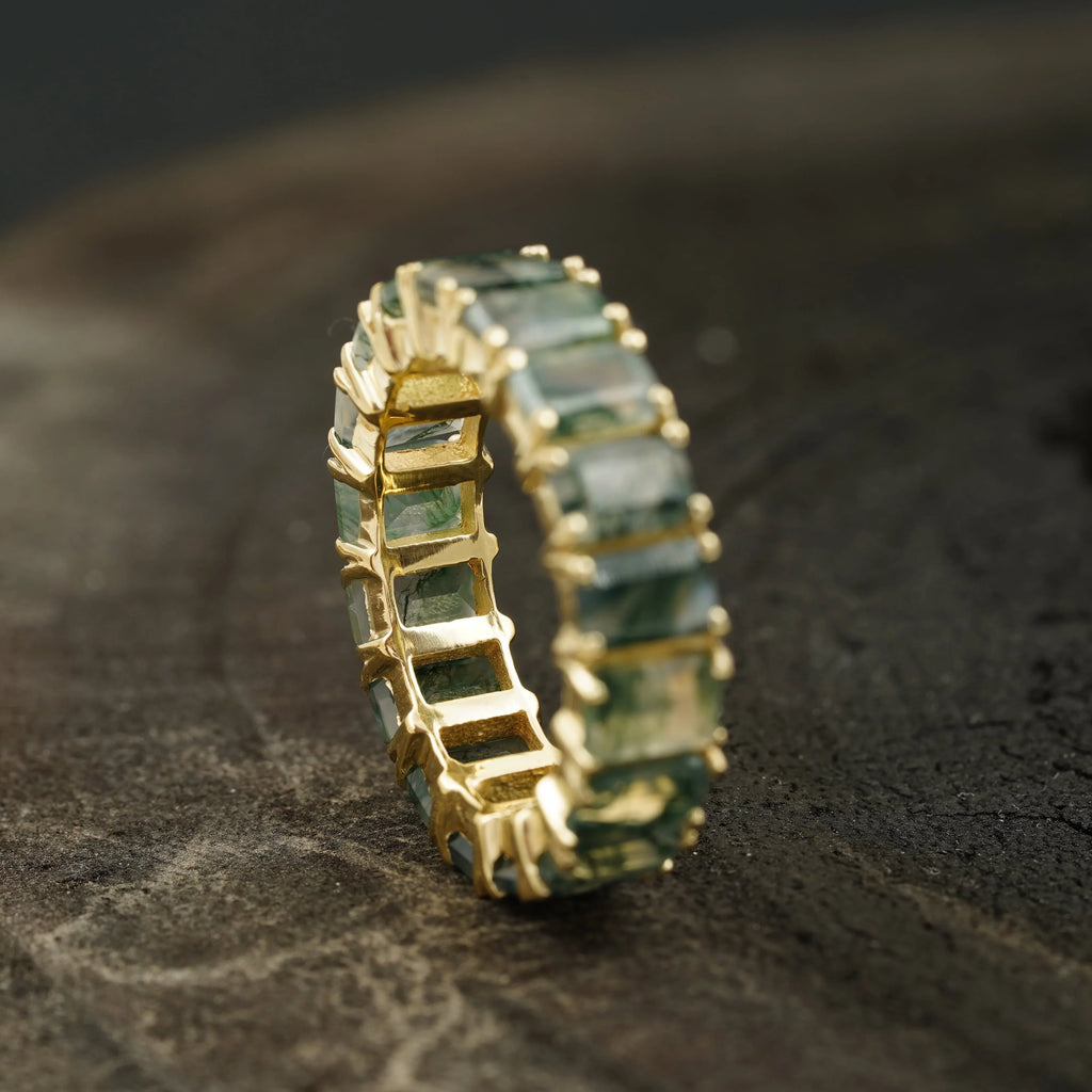 Baguette Cut Moss Agate Wedding Band 10K Sold Gold - Gigiscc