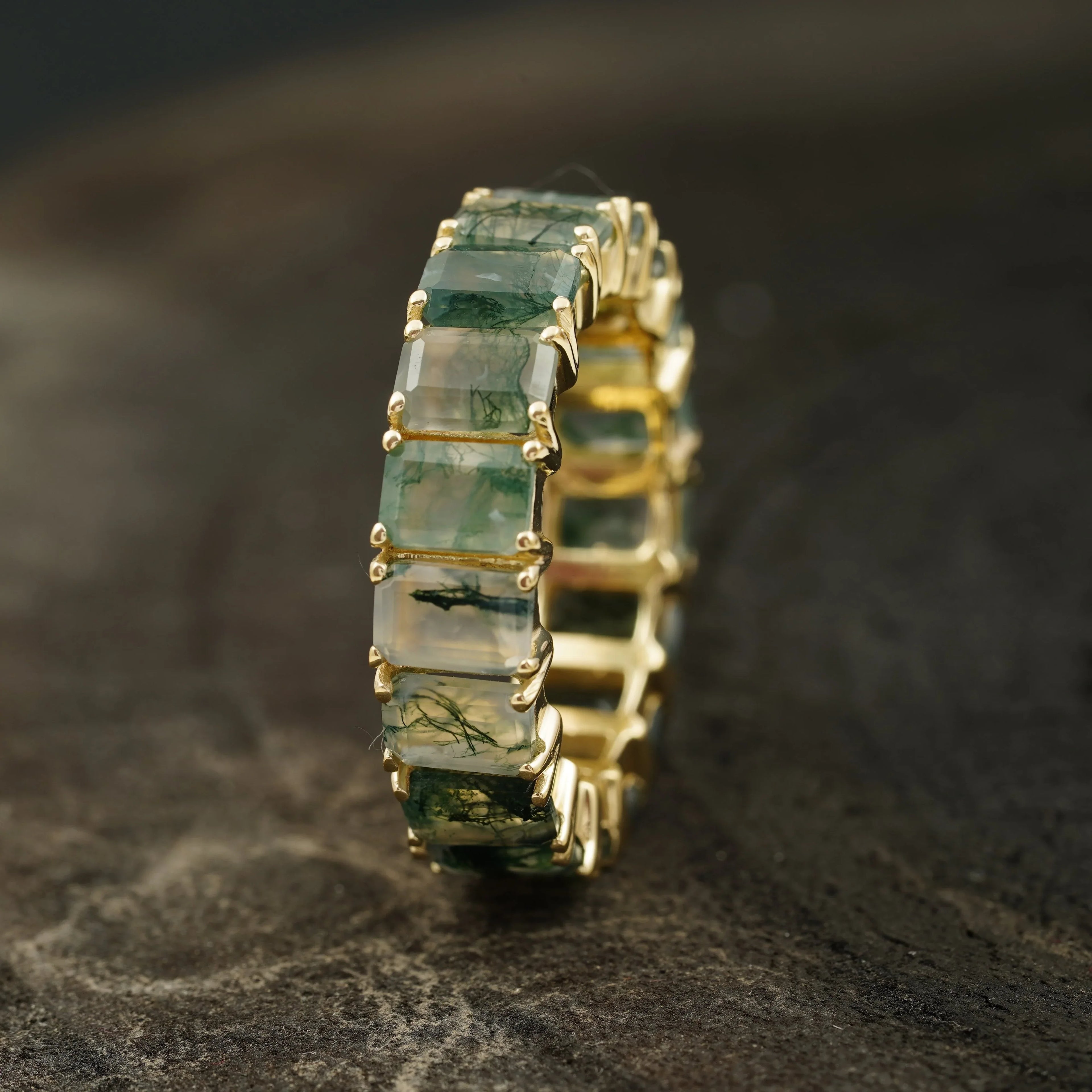 Baguette Cut Moss Agate Wedding Band 10K Sold Gold - Gigiscc