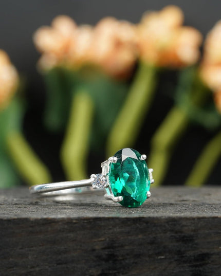 Oval Cut Emerald & Zirconia Three Stone Engagement Ring 