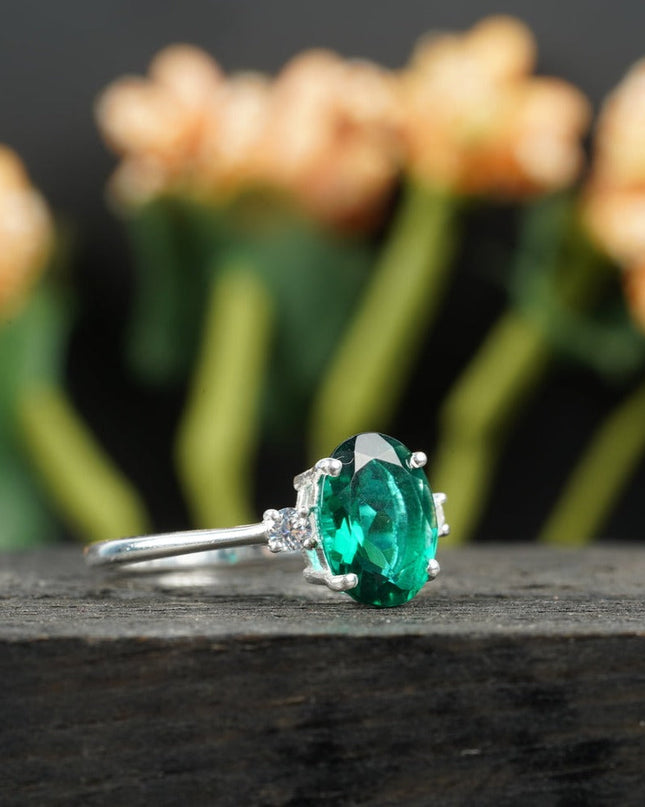 Oval Cut Emerald & Zirconia Three Stone Engagement Ring 