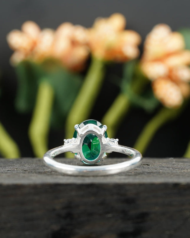 Oval Cut Emerald & Zirconia Three Stone Engagement Ring 