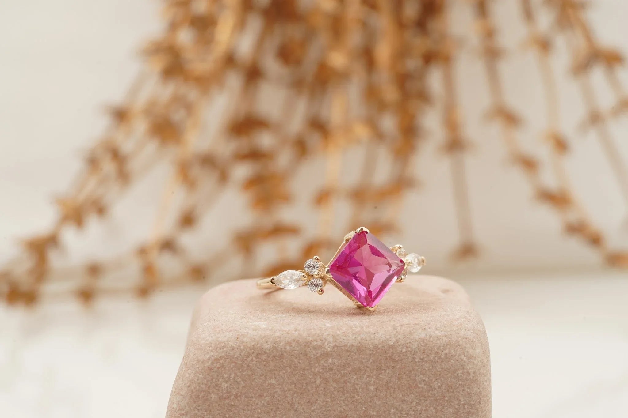Princess Cut Ruby Ring Marquise Diamond Engagement Ring - Gigiscc