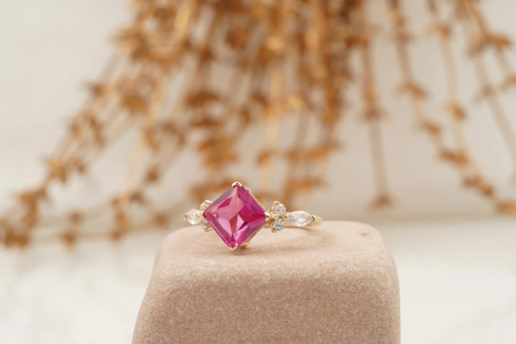 Princess Cut Ruby Ring Marquise Diamond Engagement Ring - Gigiscc