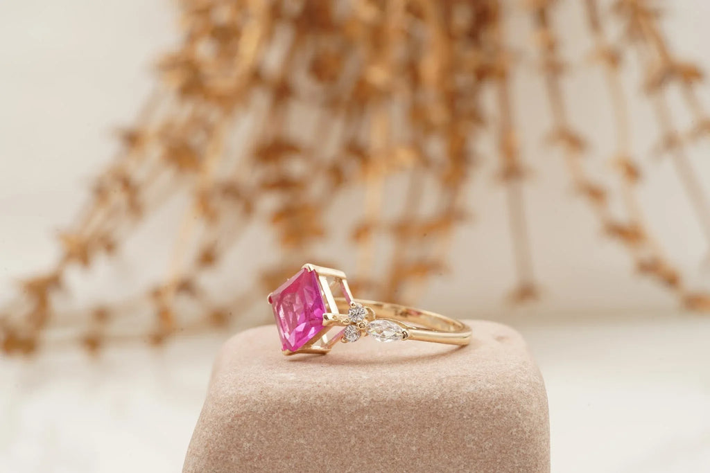 Princess Cut Ruby Ring Marquise Diamond Engagement Ring - Gigiscc