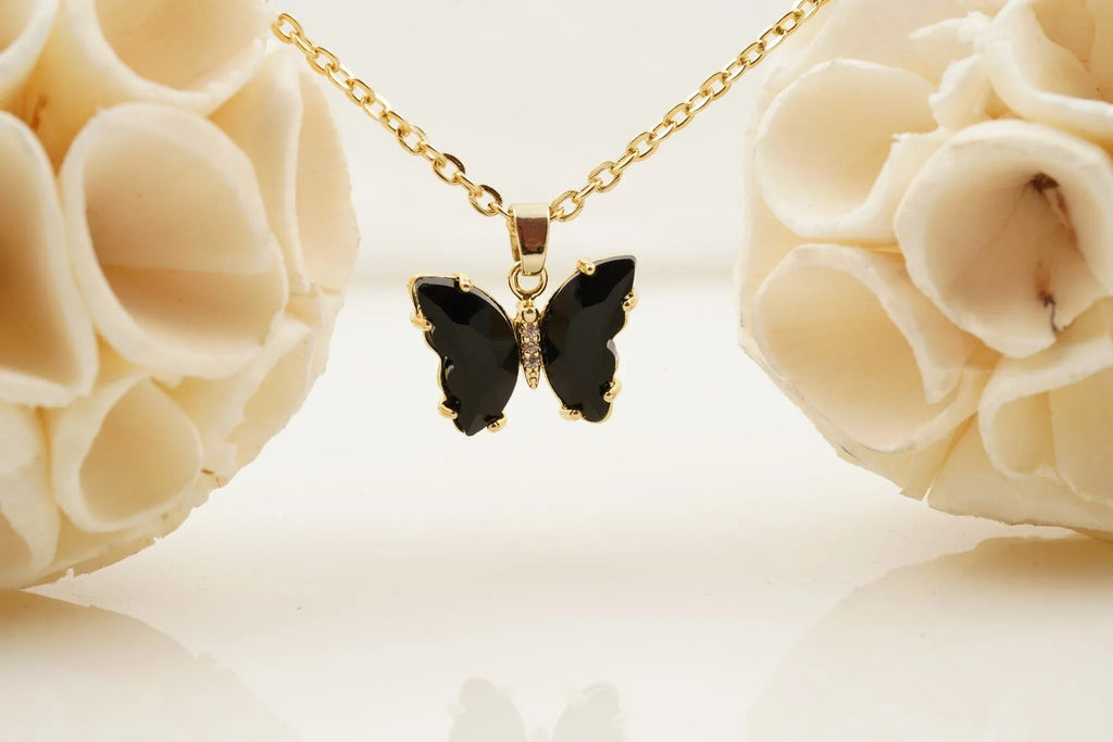 Black Onyx Butterfly Necklace With Diamonds And Prongs - Gigiscc