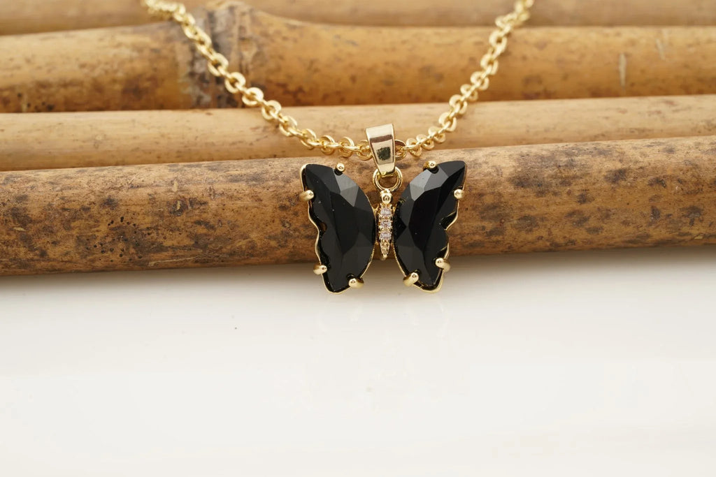 Black Onyx Butterfly Necklace With Diamonds And Prongs - Gigiscc