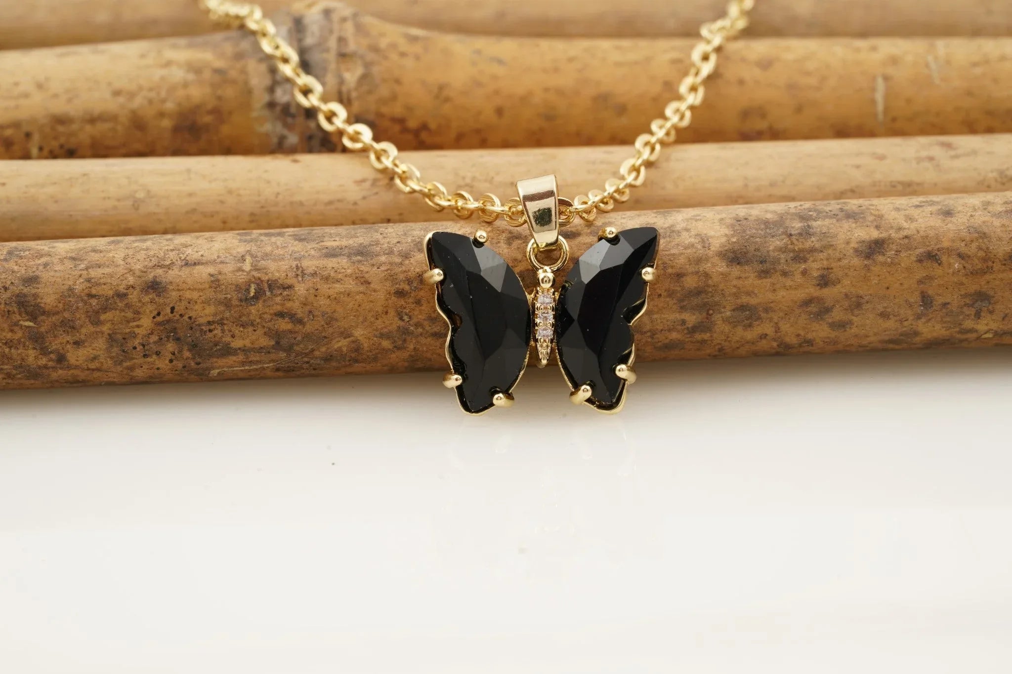 Black Onyx Butterfly Necklace With Diamonds And Prongs - Gigiscc