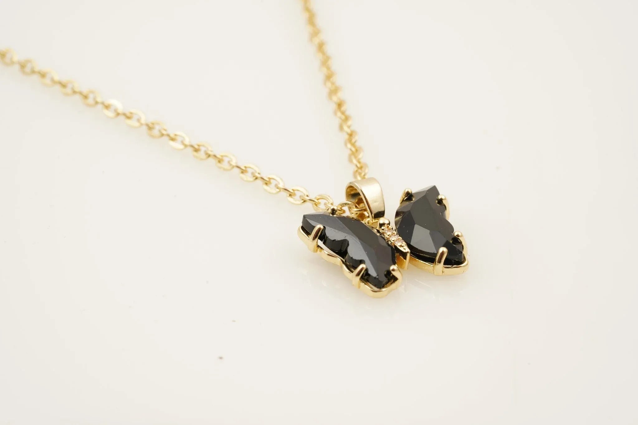 Black Onyx Butterfly Necklace With Diamonds And Prongs - Gigiscc