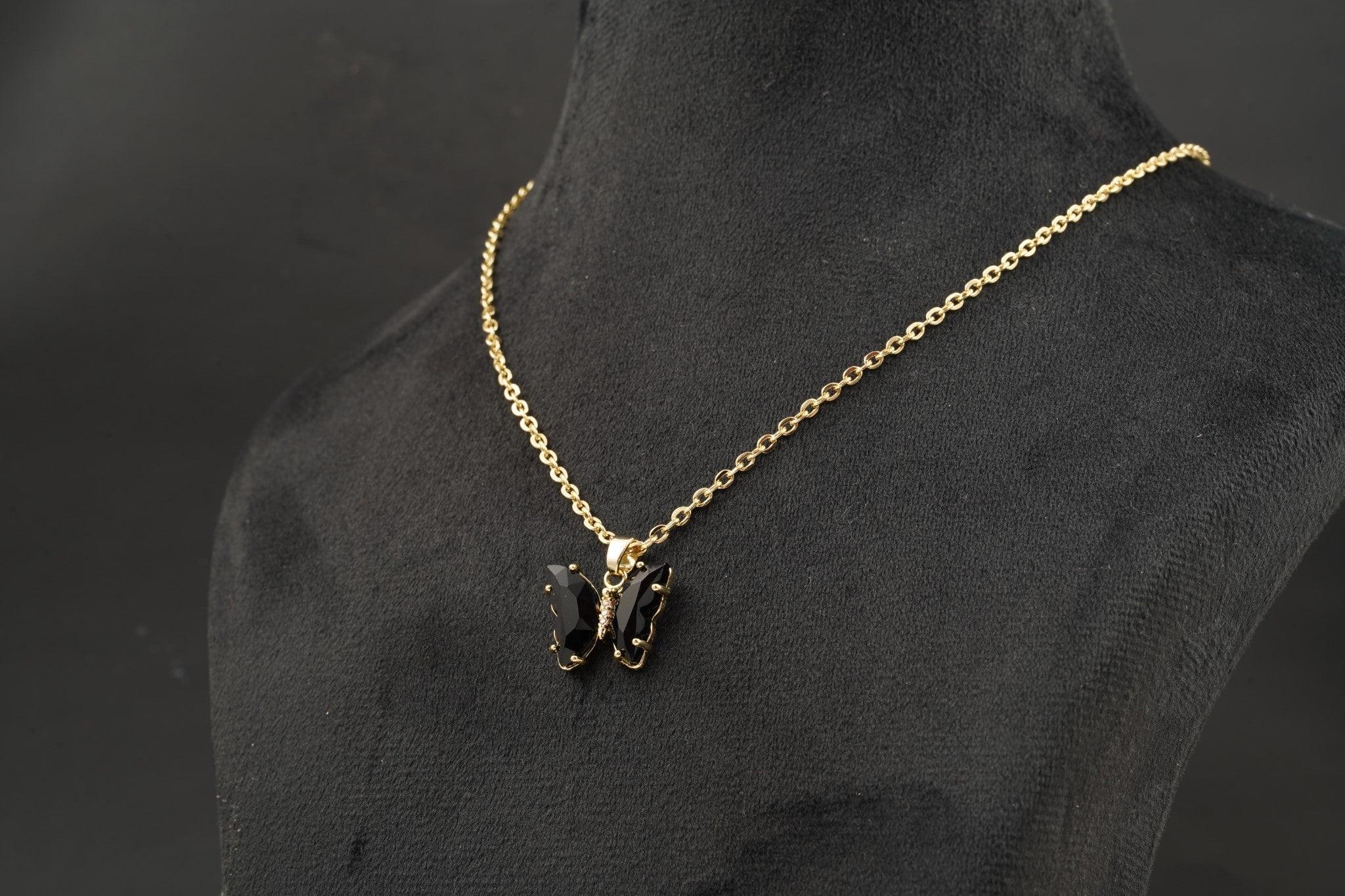 Black Onyx Butterfly Necklace With Diamonds And Prongs - Gigiscc