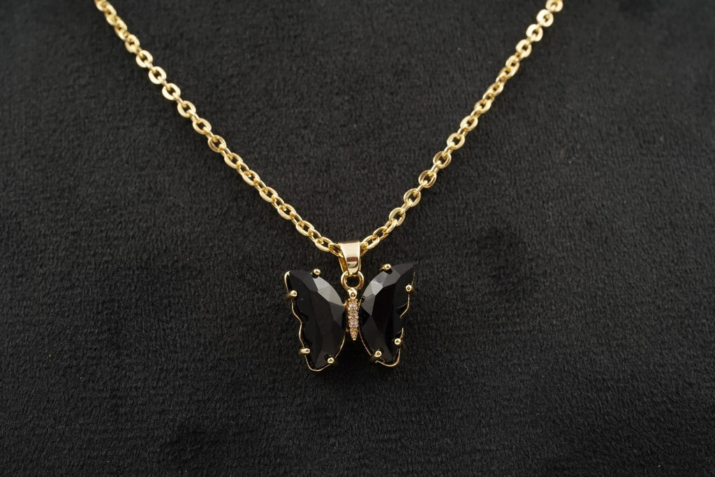 Black Onyx Butterfly Necklace With Diamonds And Prongs - Gigiscc