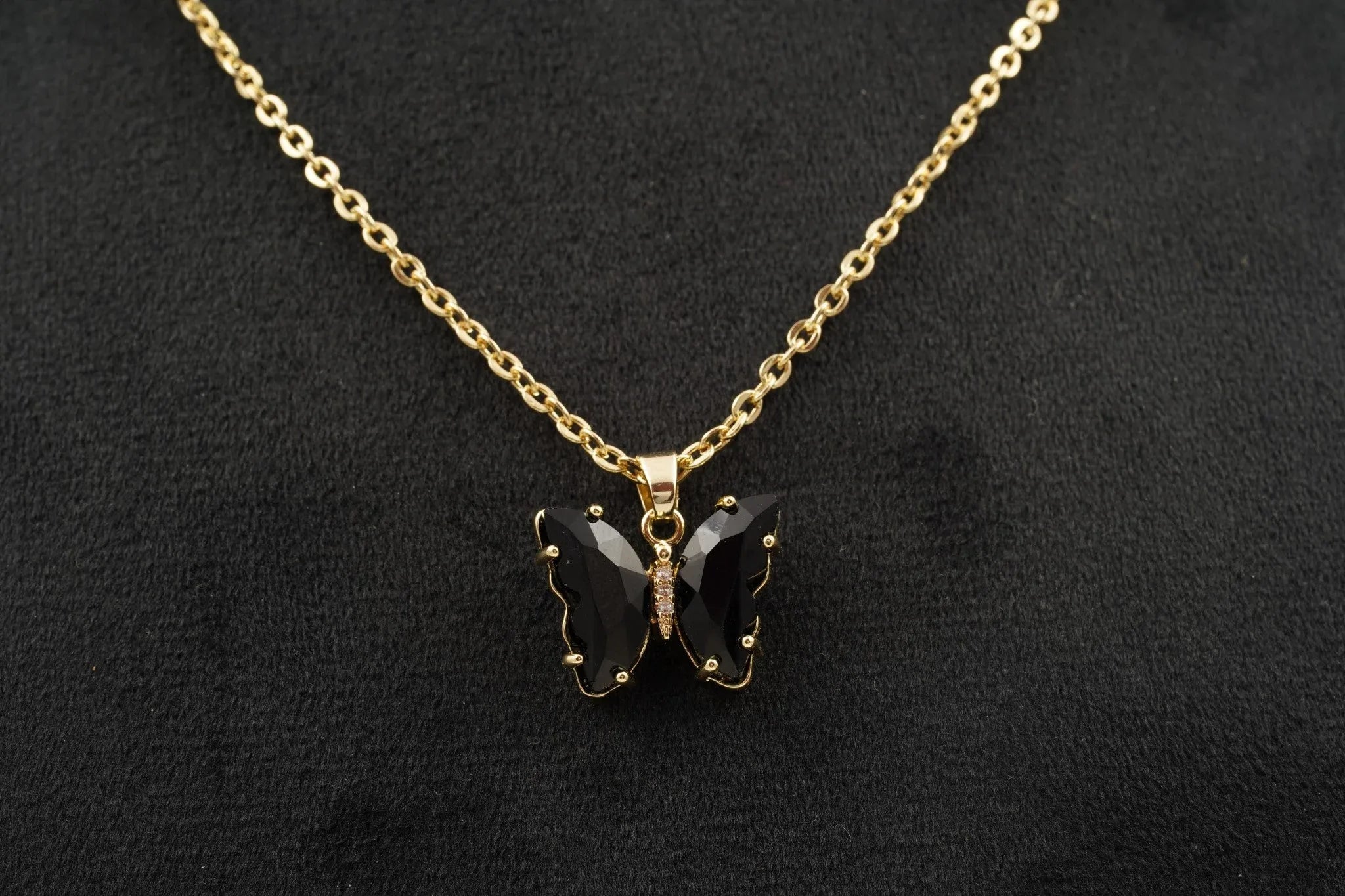 Black Onyx Butterfly Necklace With Diamonds And Prongs - Gigiscc