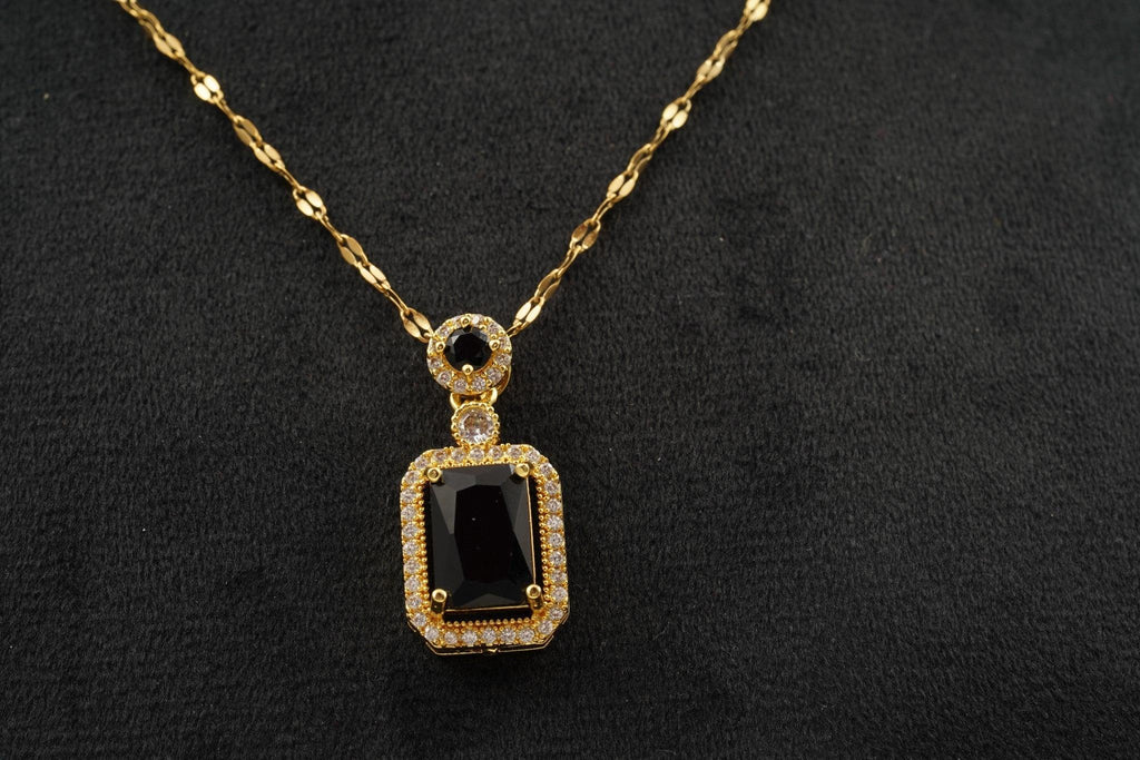 Black Onyx Pendant Solid Gold Emerald Cut Halo Diamond Pendant With Chain - Gigiscc