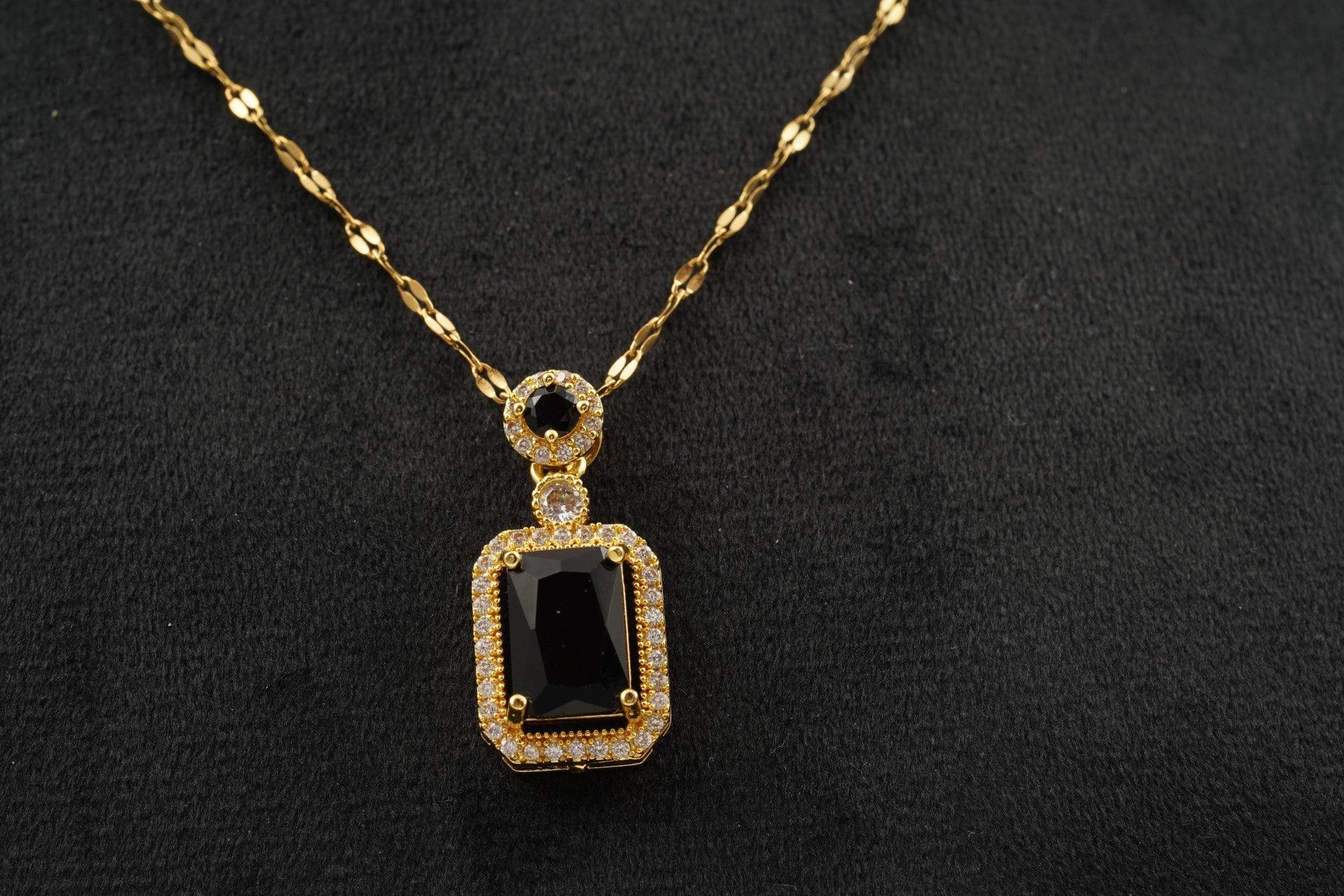 Black Onyx Pendant Solid Gold Emerald Cut Halo Diamond Pendant With Chain - Gigiscc