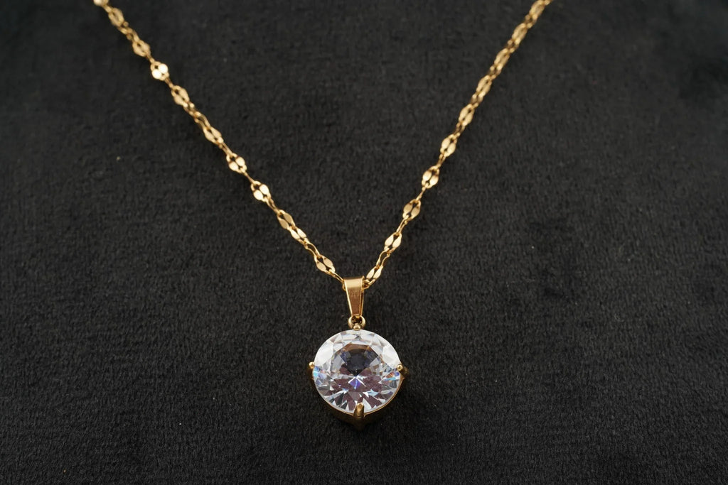 Round Diamond Solid Gold Pendant With Gold Chain - Gigiscc