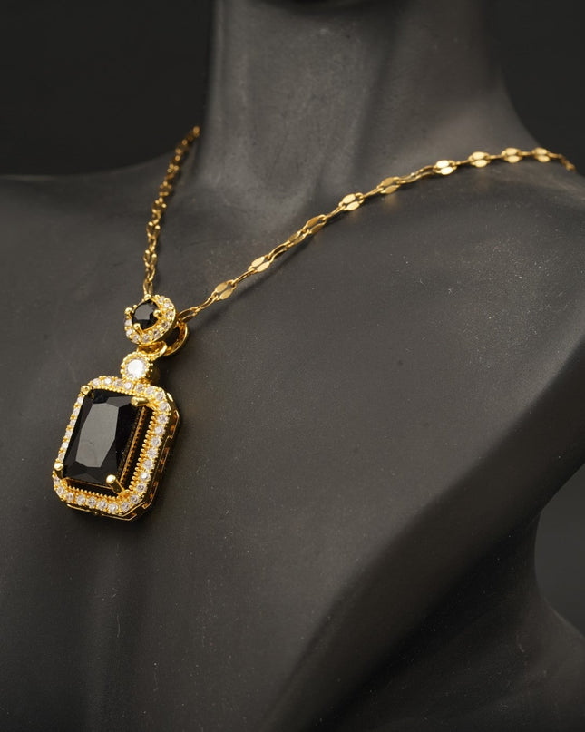 Black Onyx Pendant Solid Gold Emerald Cut Halo Diamond Pendant With Chain