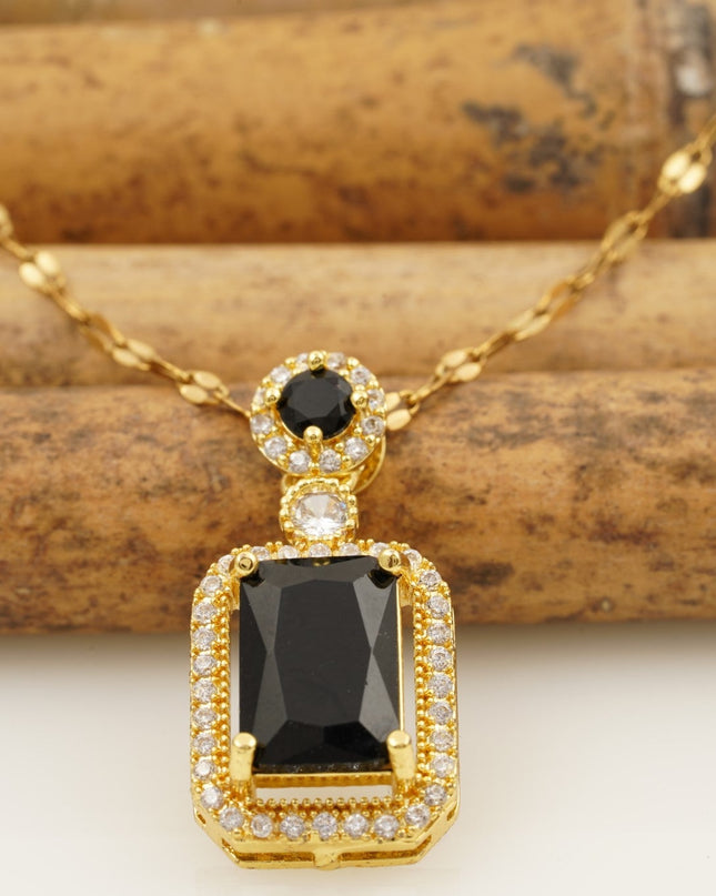 Black Onyx Pendant Solid Gold Emerald Cut Halo Diamond Pendant With Chain