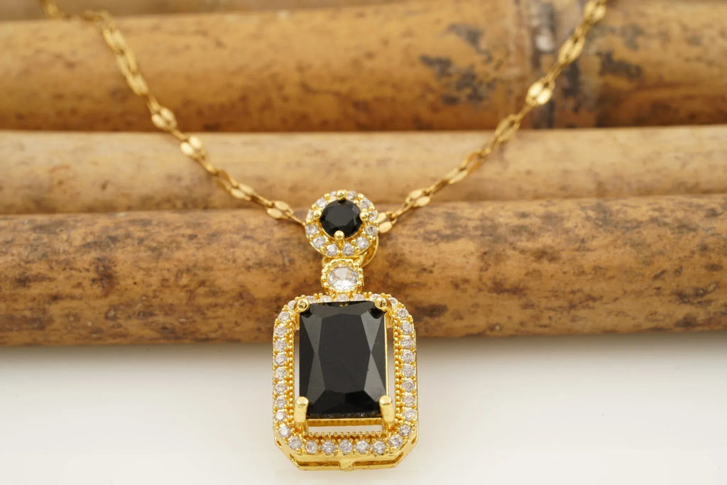 Black Onyx Pendant Solid Gold Emerald Cut Halo Diamond Pendant With Chain - Gigiscc