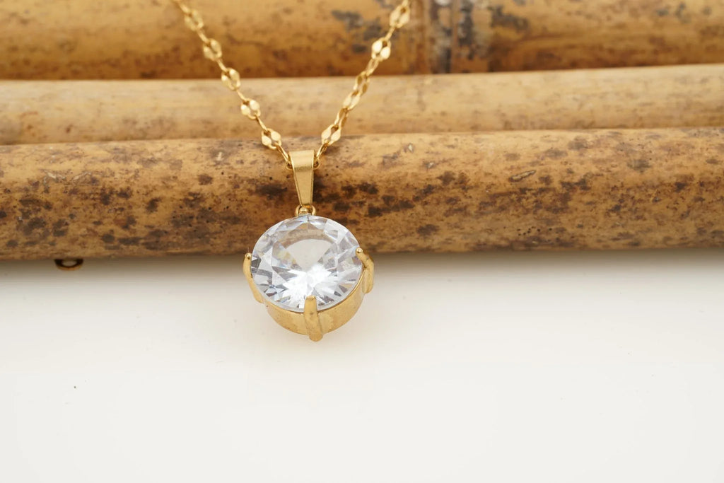 Round Diamond Solid Gold Pendant With Gold Chain - Gigiscc
