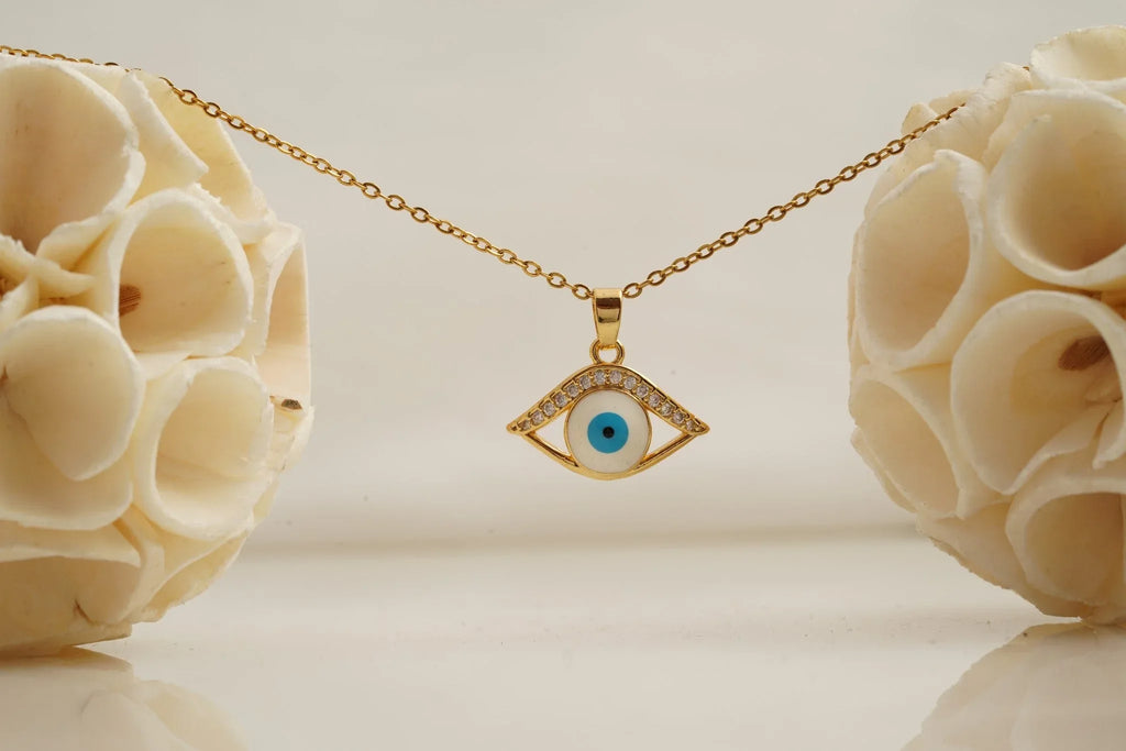 Dainty Evil Eye Pendant Halo Diamond With Gold Chain For Women - Gigiscc
