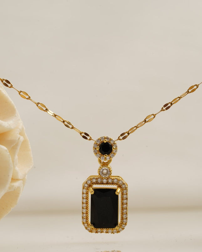 Black Onyx Pendant Solid Gold Emerald Cut Halo Diamond Pendant With Chain