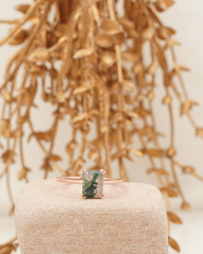 Emerald Cut Moss Agate Solitaire Ring