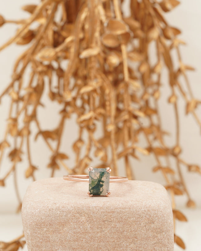 Emerald Cut Moss Agate Green Gemstone Solitaire Ring