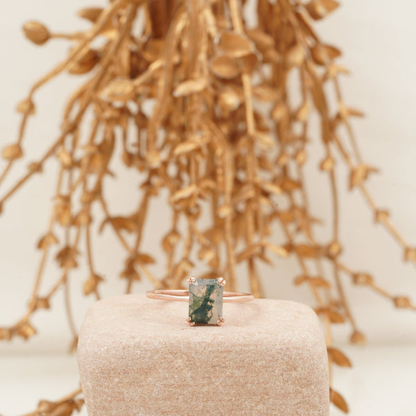 Emerald Cut Moss Agate Green Gemstone Solitaire Ring