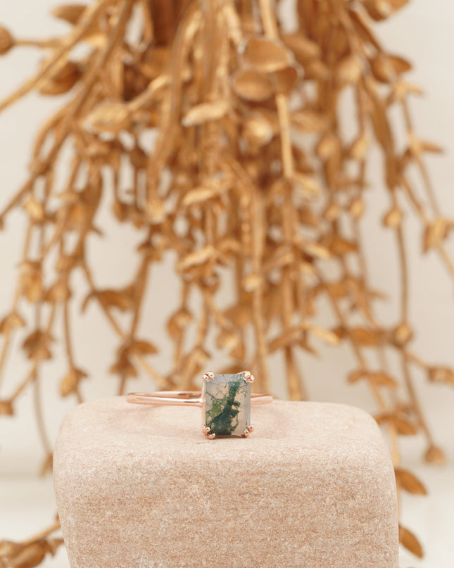Emerald Cut Moss Agate Green Gemstone Solitaire Ring Right Angle