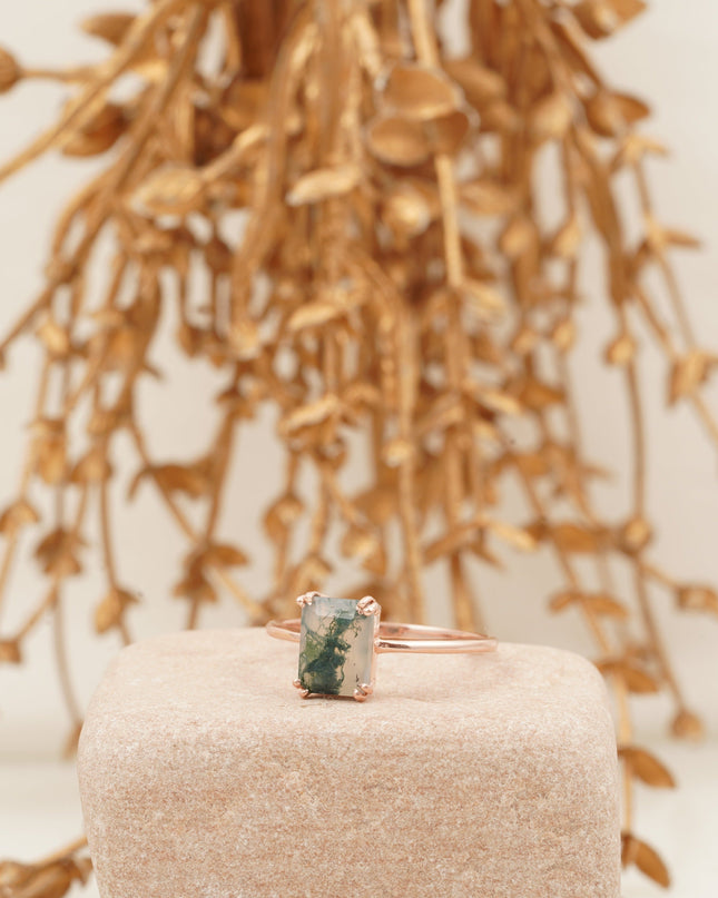 Emerald Cut Moss Agate Solitaire Ring Left Angle