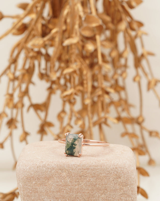 Emerald Cut Moss Agate Green Gemstone Solitaire Ring Left Angle