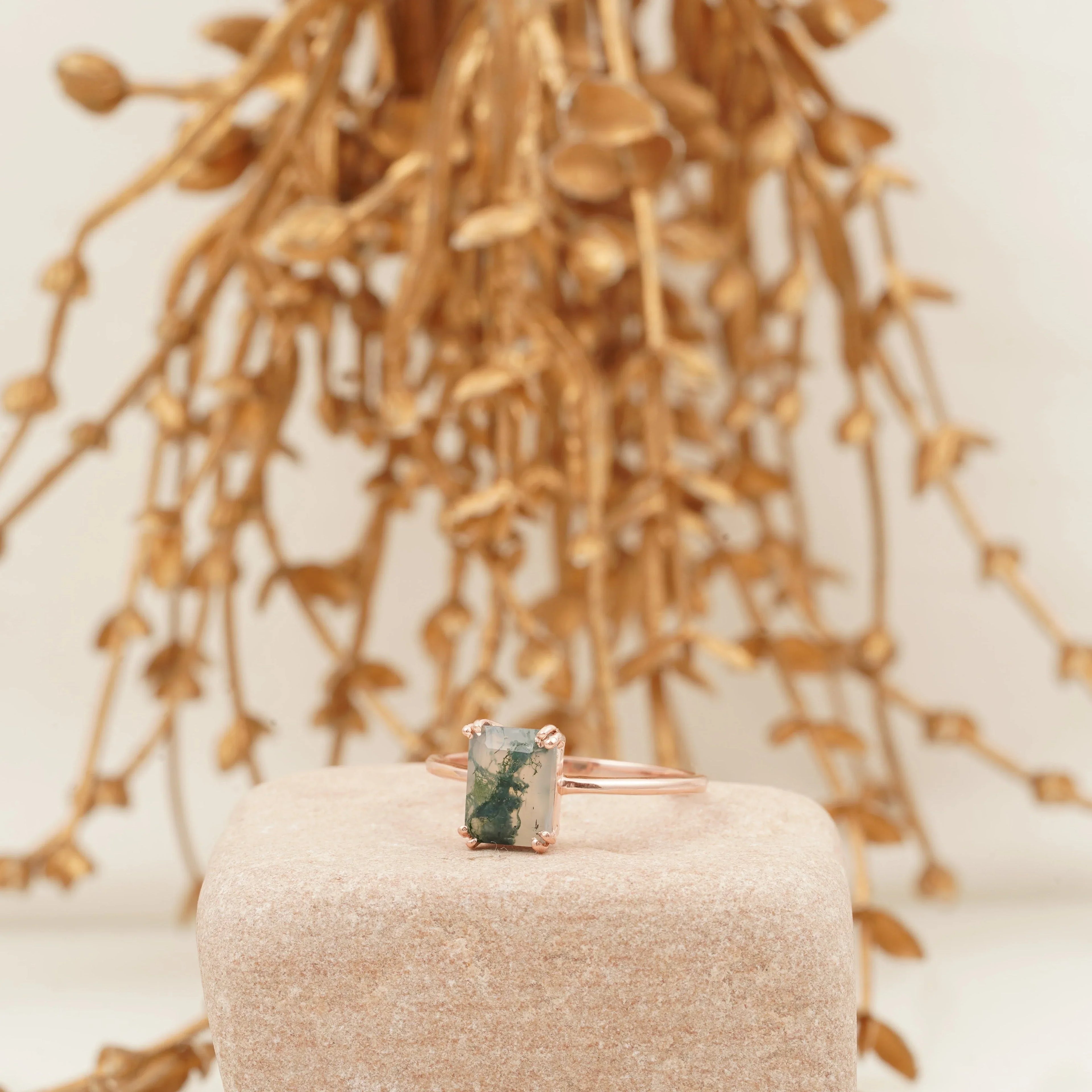 Emerald Cut Moss Agate Green Gemstone Solitaire Ring - Gigiscc