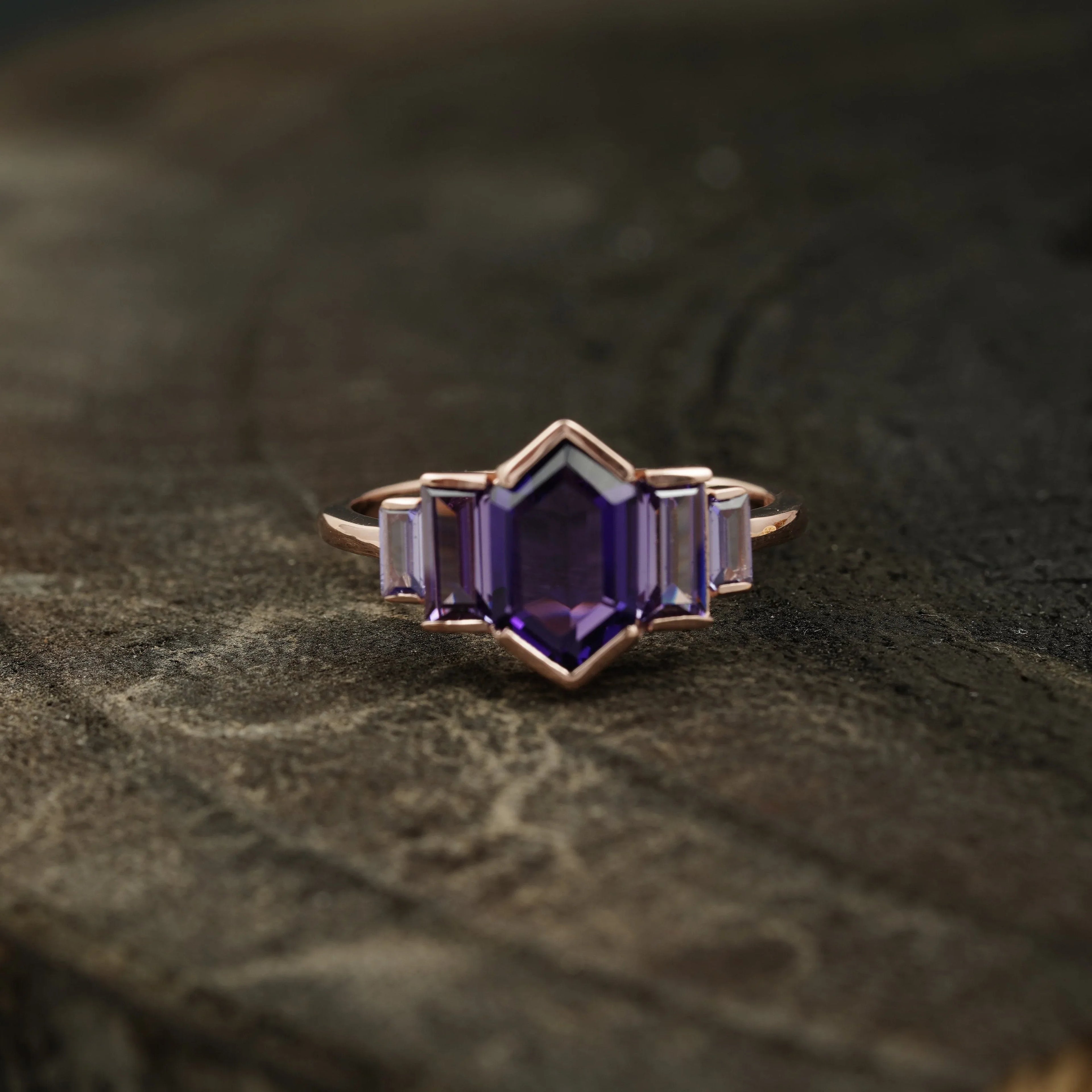 Hexagon Cut Purple Amethyst Bezel Set Engagement Ring - Gigiscc