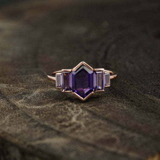 Hexagon Cut Purple Amethyst Bezel Set Engagement Ring Main