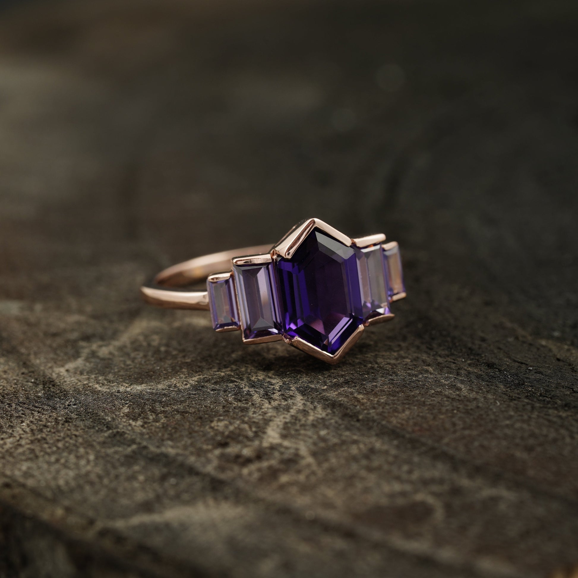 Hexagon Cut Purple Amethyst Bezel Set Engagement Ring Right Position