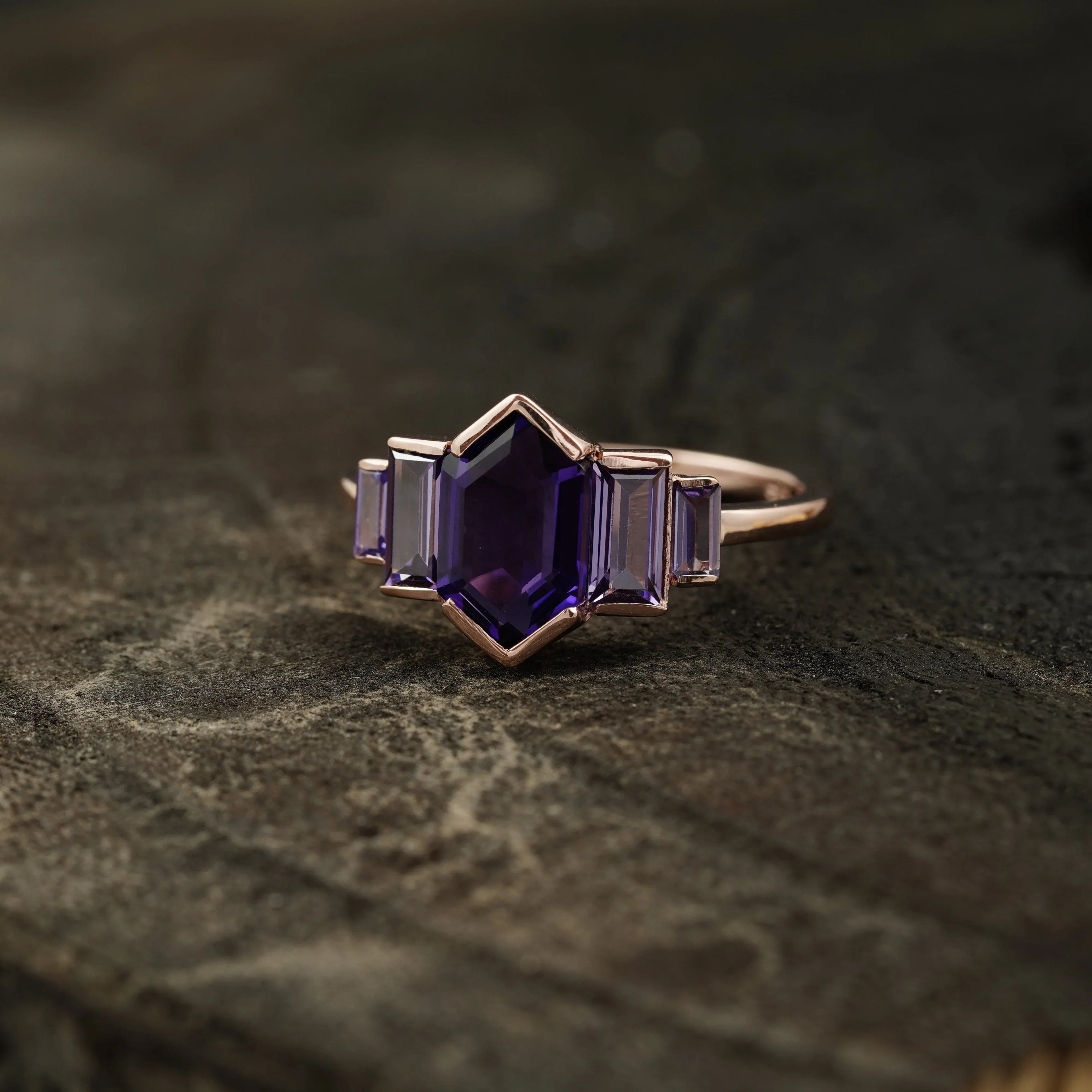 Hexagon Cut Purple Amethyst Bezel Set Engagement Ring - Gigiscc