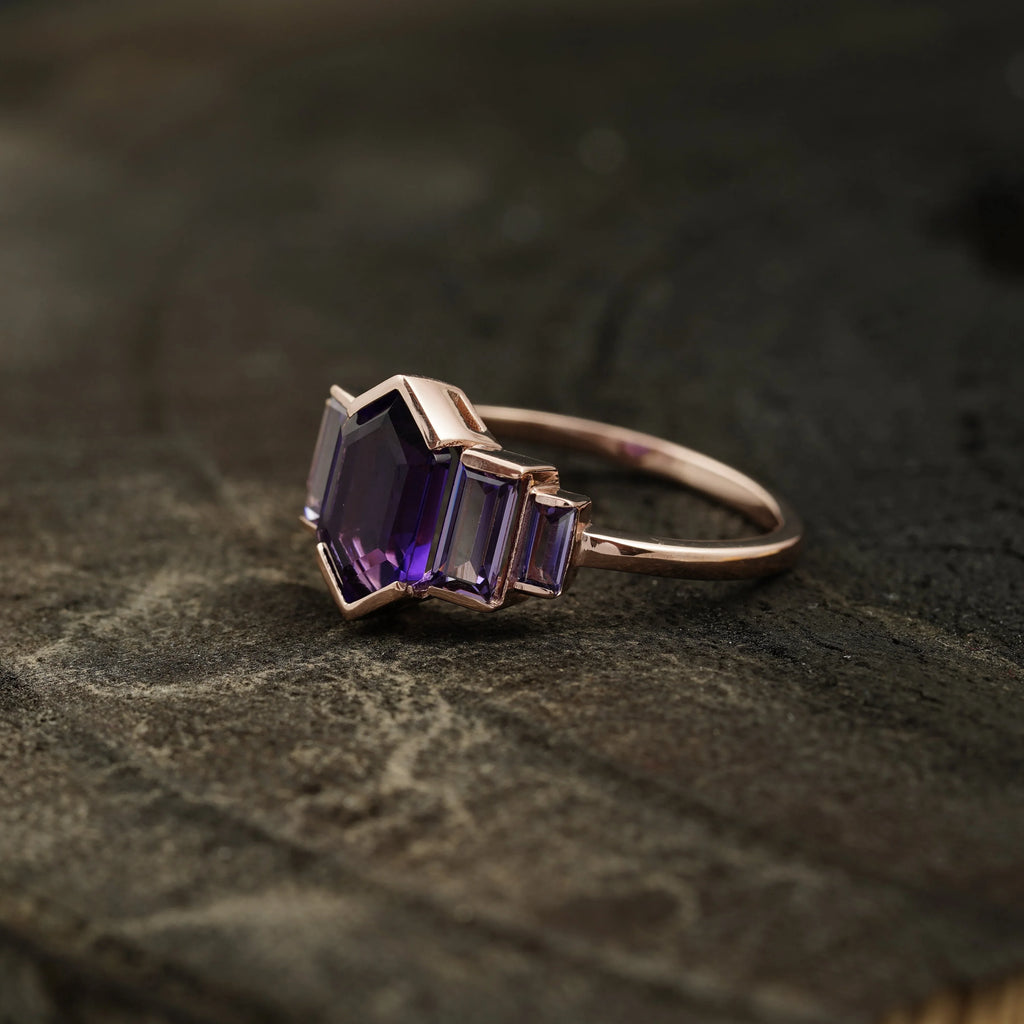Hexagon Cut Purple Amethyst Bezel Set Engagement Ring - Gigiscc